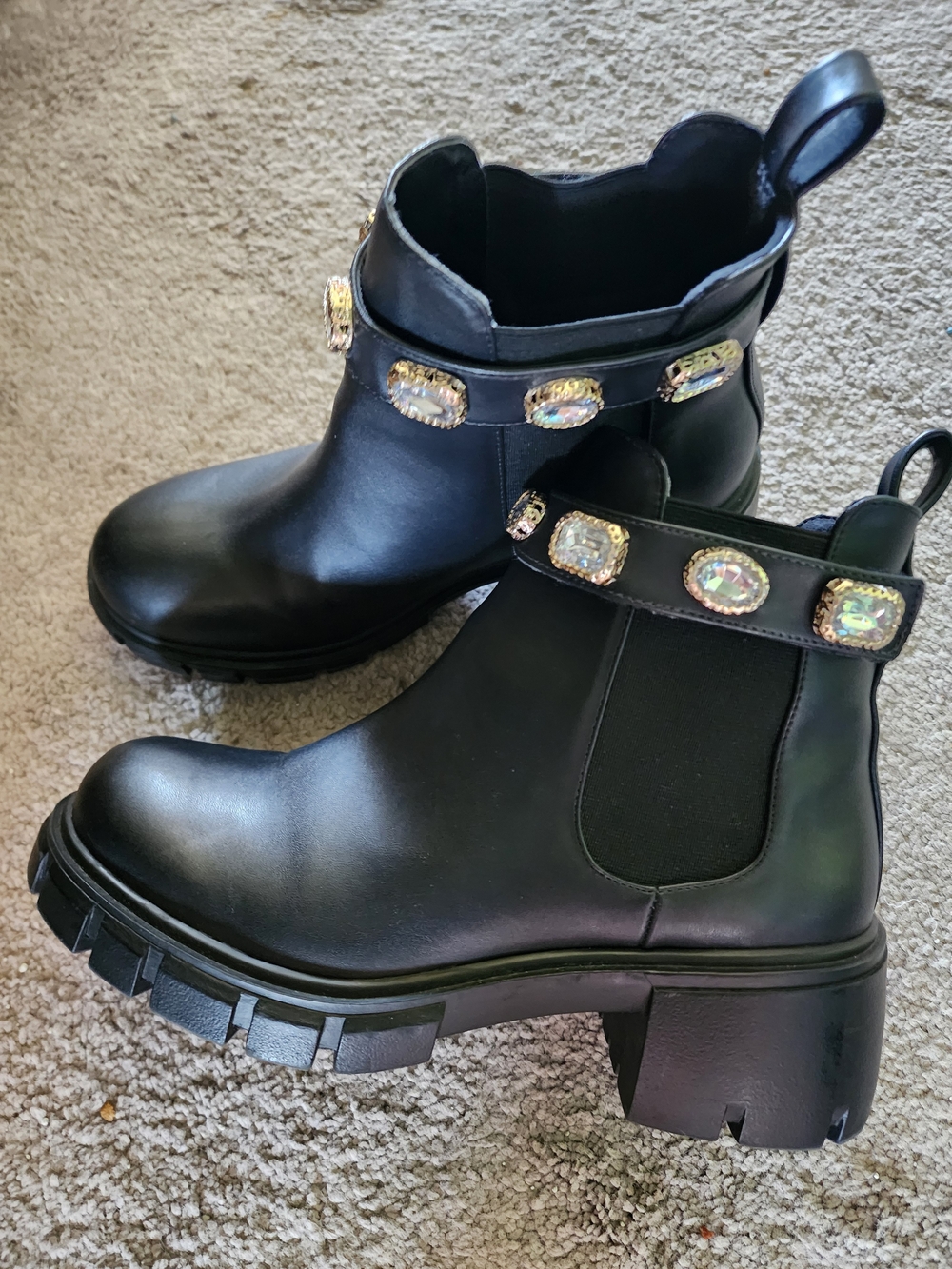 Black Chunky Chelsea Boots with Jewel Strap